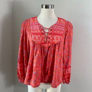 Lucky Brand Womens Small Floral Boho Top Long Sleeve Shirt Lace Up Tassel Tie